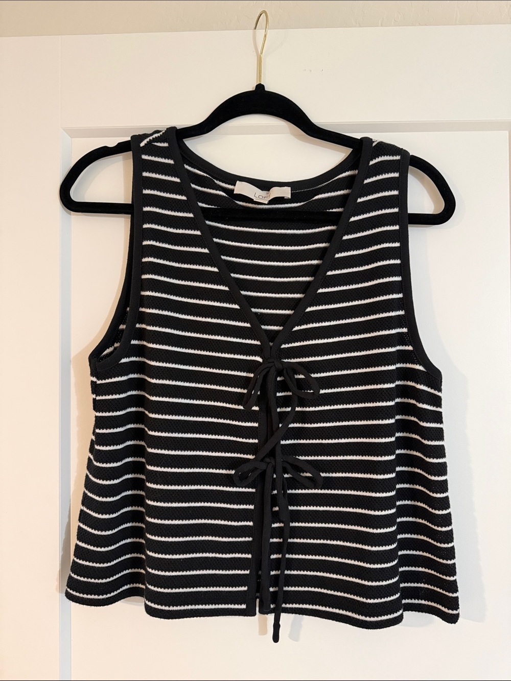 LOFT Black and White Striped Tie-Front Tank